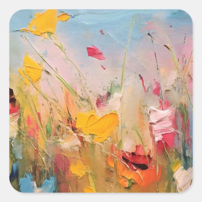 Summer Meadow – Expressive Abstract Wildflowers Square Sticker (Front)