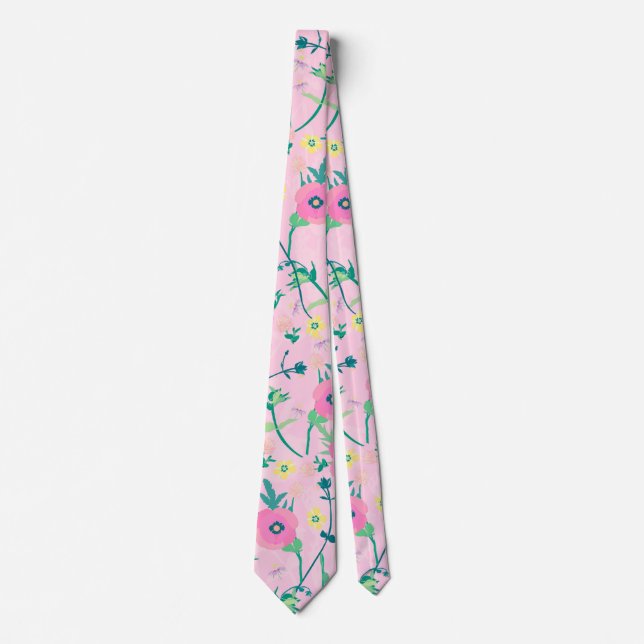Summer Meadow Floral Nature Pink Illustration Tie (Front)
