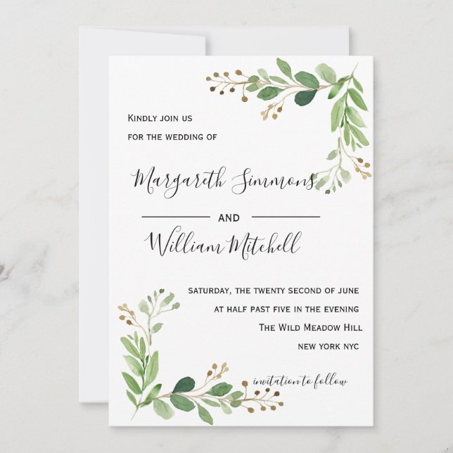 Summer meadow leaves Watercolor Wedding invitation (Front)