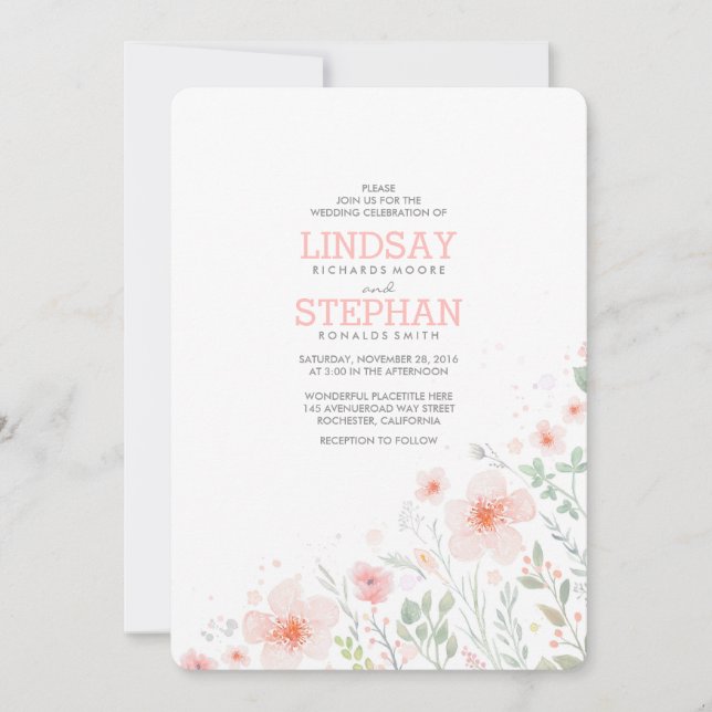 Summer Meadow Pink Flowers Watercolor Wedding Invitation (Front)