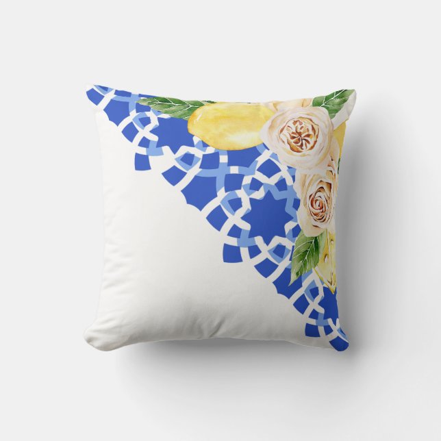 Summer Mediterranean blue tile and lemons print  Cushion (Front)