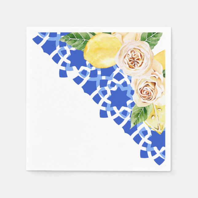 Summer Mediterranean blue tile and lemons print  Napkin (Front)
