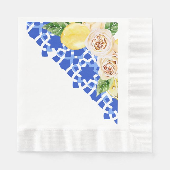 Summer Mediterranean blue tile and lemons print  Napkin (Front)
