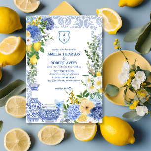 Summer Mediterranean Blue tiles Lemon Wedding Invitation