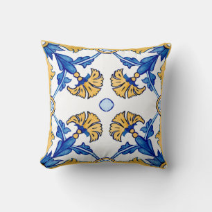 Summer Mediterranean blue yellow flowers Cushion