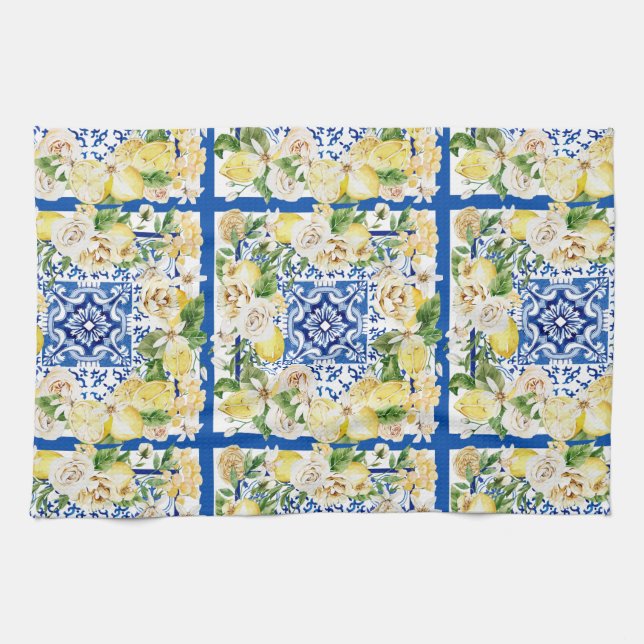 Summer Mediterranean lemon and flowers print  Tea Towel (Horizontal)