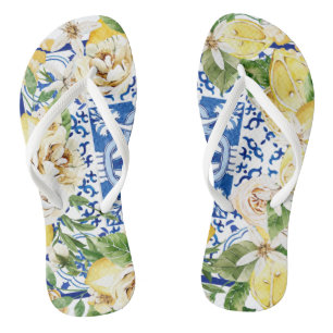 Summer Mediterranean lemon and flowers print Thongs