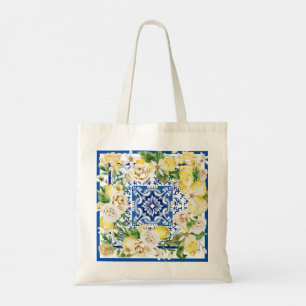 Summer Mediterranean lemon and flowers print   Tote Bag