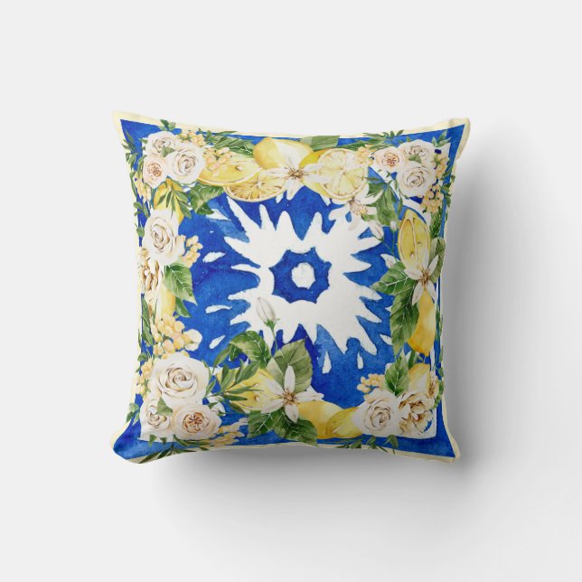 Summer Mediterranean lemon and flowers tile print Cushion (Front)