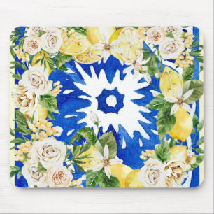 Summer Mediterranean lemon and flowers tile print Mouse Pad
