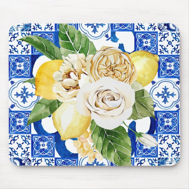 Summer Mediterranean lemon and flowers tile print  Mouse Pad (Front)