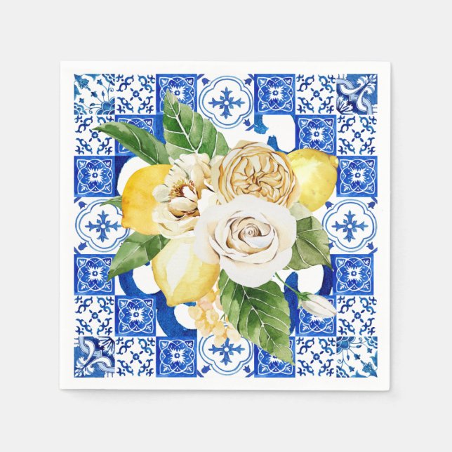Summer Mediterranean lemon and flowers tile print  Napkin (Front)