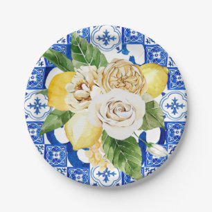 Summer Mediterranean lemon and flowers tile print Paper Plate