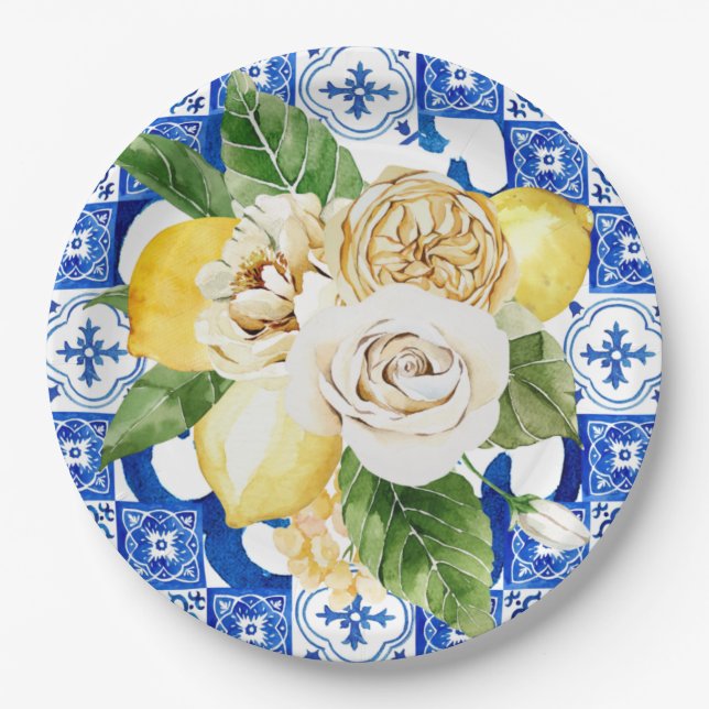 Summer Mediterranean Lemon Blue Tile Print Paper  Plate (Front)