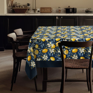 Summer Mediterranean yellow lemons navy blue Tablecloth