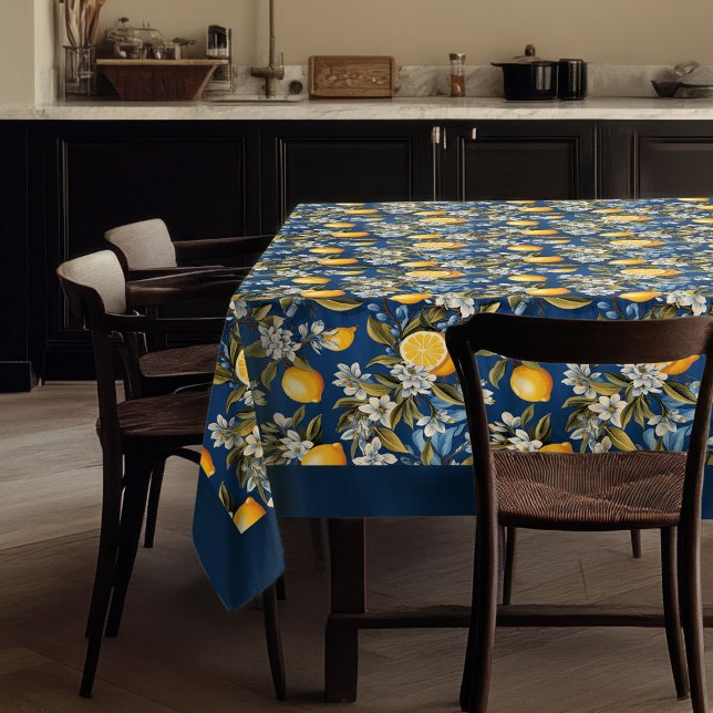 Summer Mediterranean yellow lemons navy blue Tablecloth (Summer Mediterranean yellow lemons navy blue Tablecloth)
