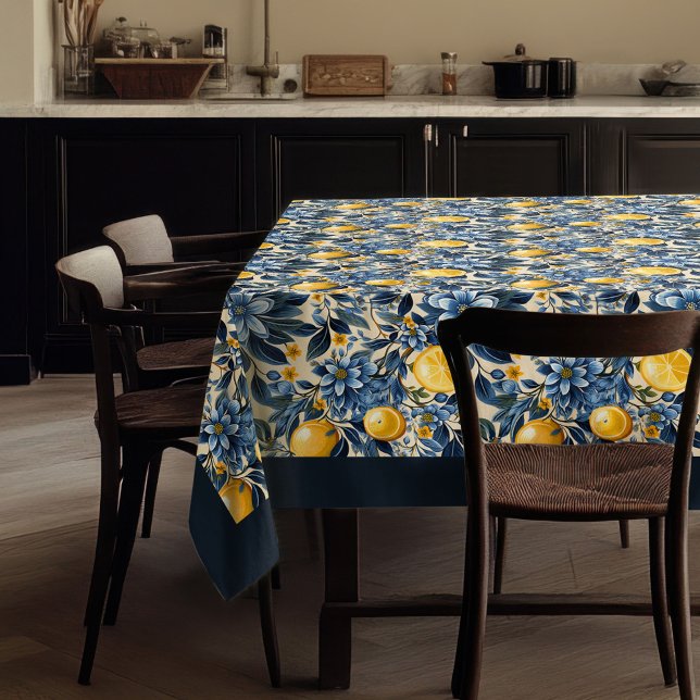Summer Mediterranean yellow lemons navy blue Tablecloth (Summer Mediterranean yellow lemons navy blue Tablecloth)
