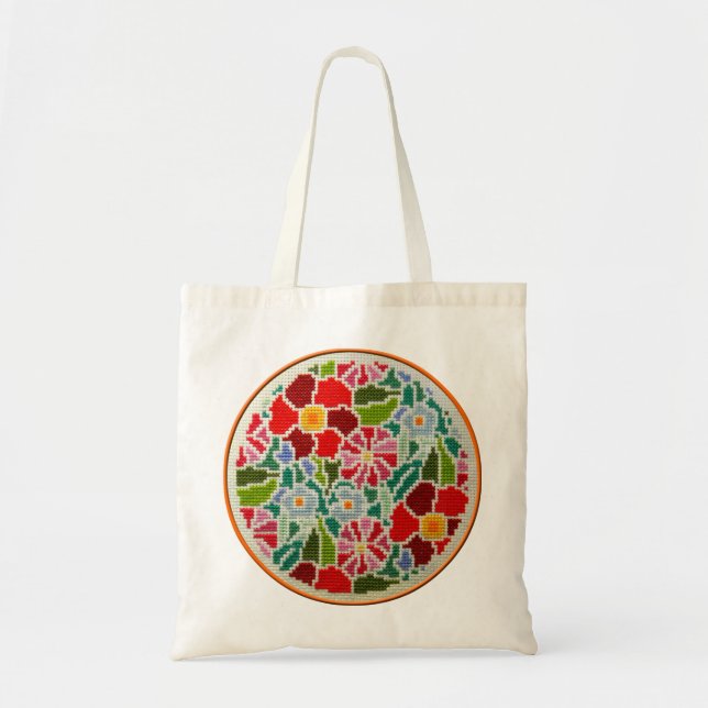 Summer memories hand embroidered round ornament tote bag (Front)