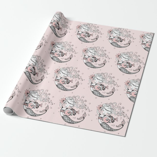 Summer Mermaid Girls Birthday Pink Wrapping Paper (Unrolled)