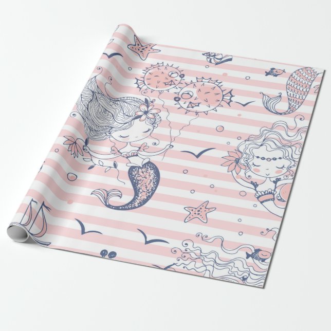 Summer Mermaid Girls Birthday Under the Sea Wrapping Paper (Unrolled)