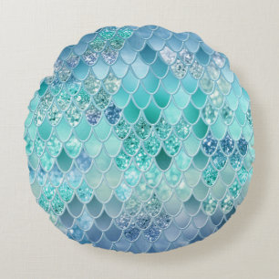 Summer Mermaid Glitter Scales #12 (Faux Glitter) Round Cushion