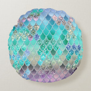 Summer Mermaid Glitter Scales #8 (Faux Glitter) Round Cushion