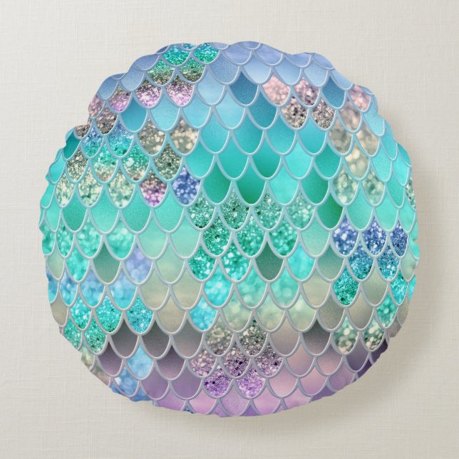 Summer Mermaid Glitter Scales #8 (Faux Glitter) Round Cushion (Front)