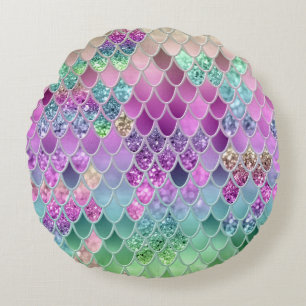 Summer Mermaid Glitter Scales #9 (Faux Glitter) Round Cushion