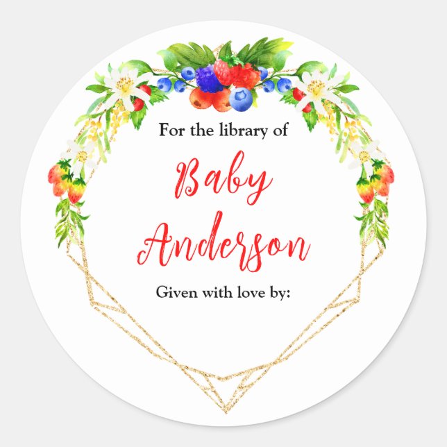 Summer Mixed Berries Baby Shower Bookplate Classic Round Sticker (Front)