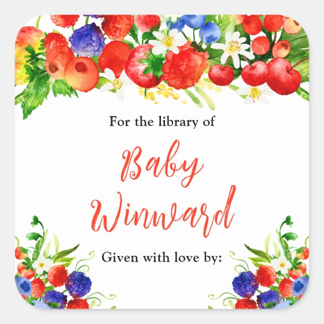 Summer Mixed Berries Baby Shower Bookplate Square Sticker (Front)