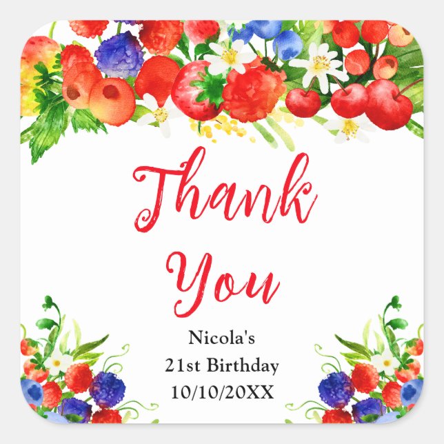 Summer Mixed Berries Birthday Thank You Square Sticker (Front)