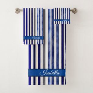 Summer Modern Navy Blue Boat Stripes Collection Bath Towel Set