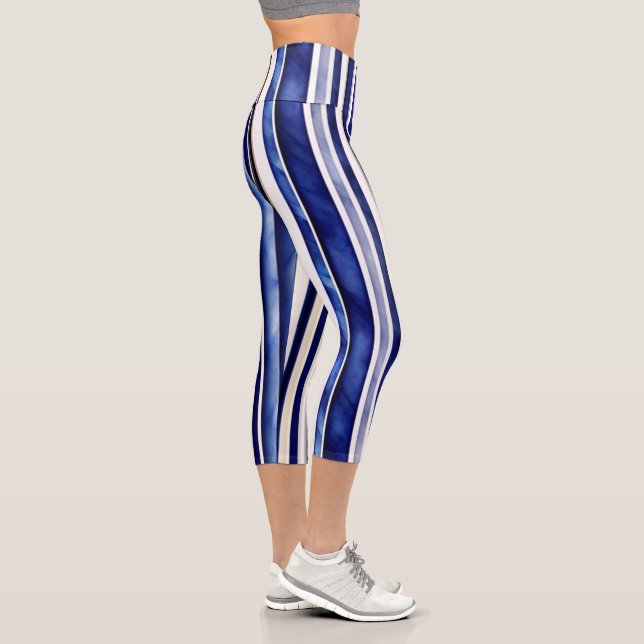 Summer Modern Navy Blue Boat Stripes Collection Capri Leggings (Right)