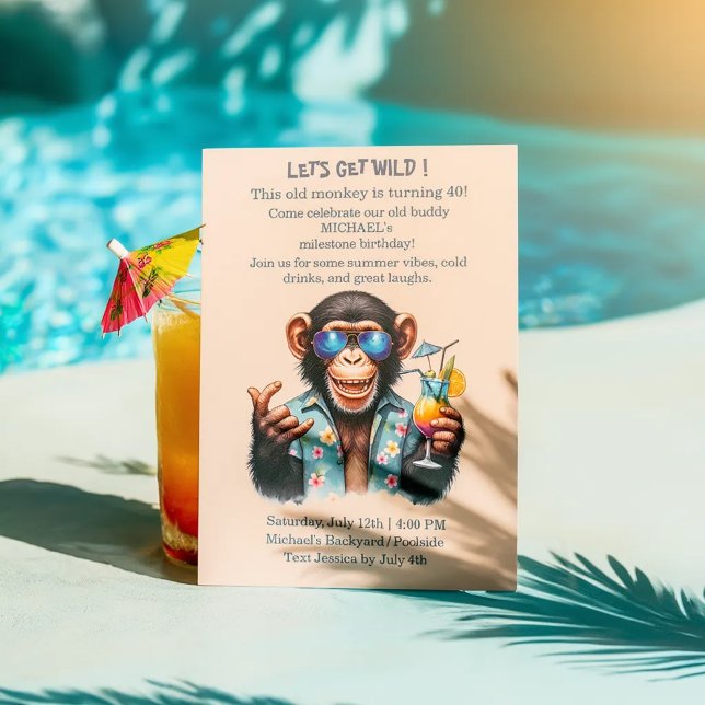 Summer Monkey Let's Get Wild 40th Birthday  Invitation (Summer Monkey Let's Get Wild 40th Birthday Invitation)