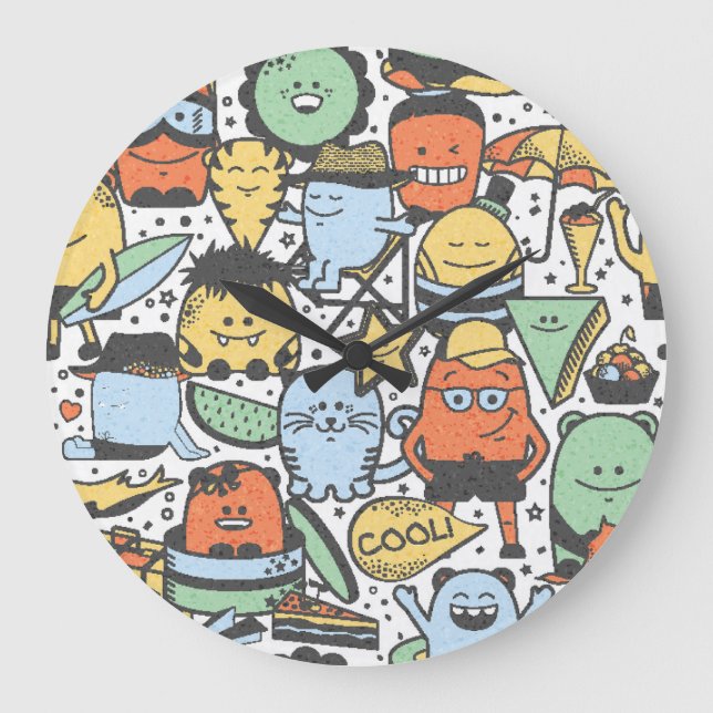 Summer monsters, colourful seamless pattern large clock (Front)