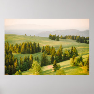 summer mountains green grass and blue sky landscap poster