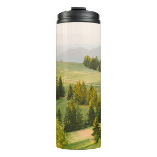 summer mountains green grass and blue sky landscap thermal tumbler