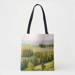 summer mountains green grass and blue sky landscap tote bag