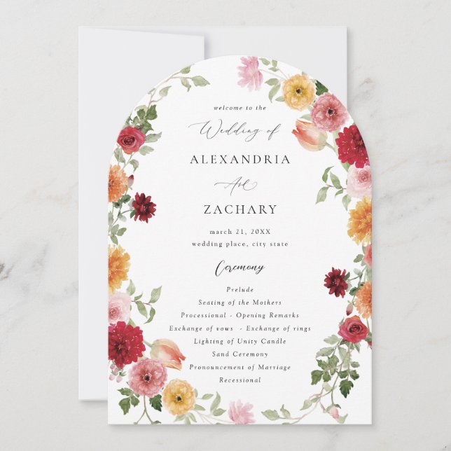 Summer Multi Colour Floral Wedding Program 2- Arch (Front)