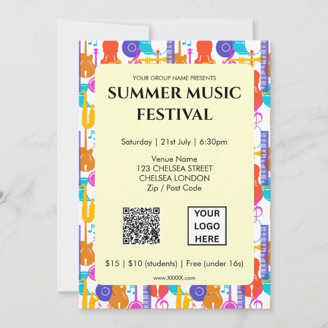 Summer Music Festival QR Code and Logo Invitation (Front)