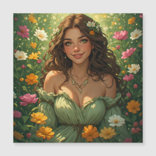 Summer Nature Goddess Nymph in Green Gown Flowers