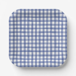 Summer Nautical Blue Gingham, Chequered July 4th Paper Plate