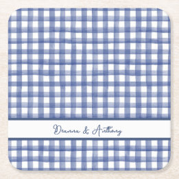Summer Nautical Blue Gingham, Chequered July 4th Square Paper Coaster