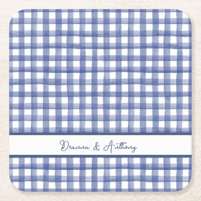 Summer Nautical Blue Gingham, Chequered July 4th Square Paper Coaster (Front)