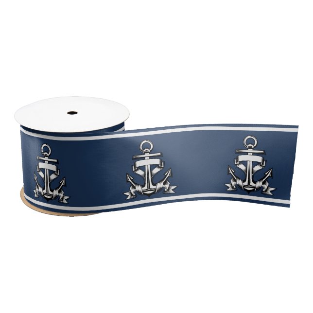 Summer Nautical Ocean Beach Navy Blue Ship Anchor  Satin Ribbon (Spool)