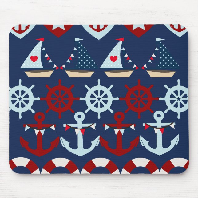 Summer Nautical Theme Anchors Sail Boats Helms Mouse Pad (Front)