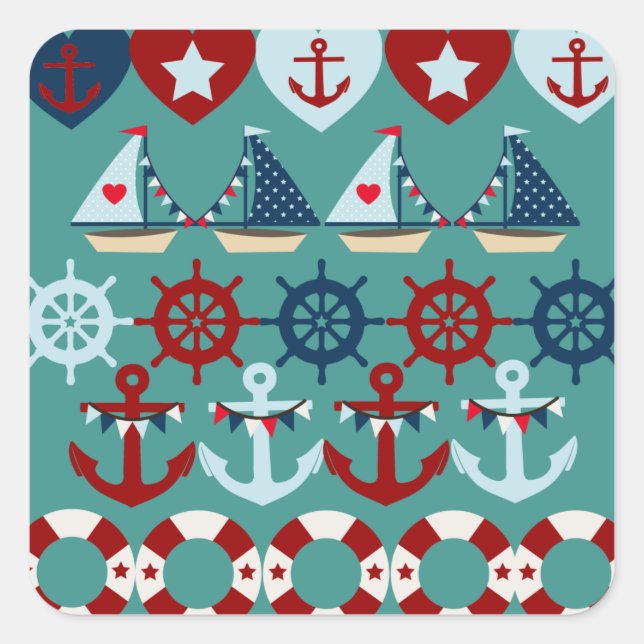 Summer Nautical Theme Anchors Sail Boats Helms Square Sticker (Front)