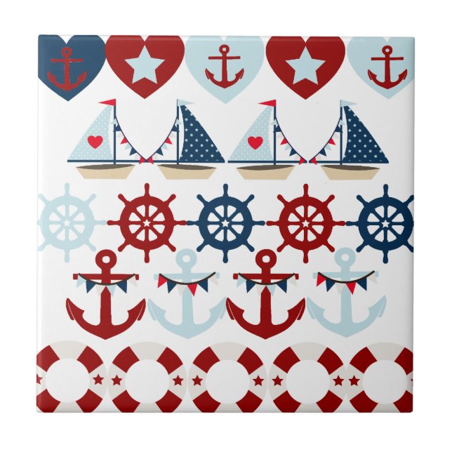 Summer Nautical Theme Anchors Sail Boats Helms Tile (Front)