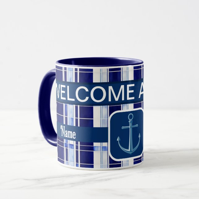 Summer Navy Blue Boat Modern Stripes Collection Mug (Front Left)