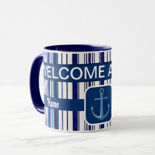 Summer Navy Blue Boat Trendy Stripes Collection Mug